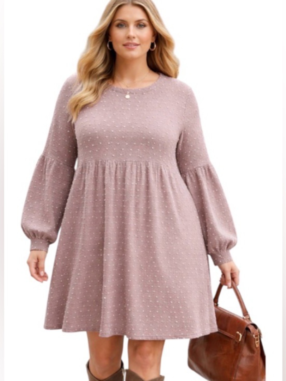 1X Very J Long Sleeve Mauve-Pink Sweater Dress with Dots